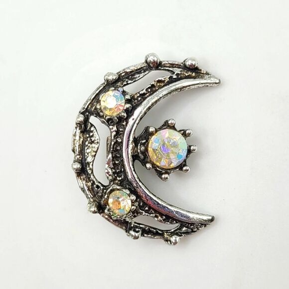 Crescent Moon Rhinestone Brooch pin,  silvertone - Picture 1 of 3